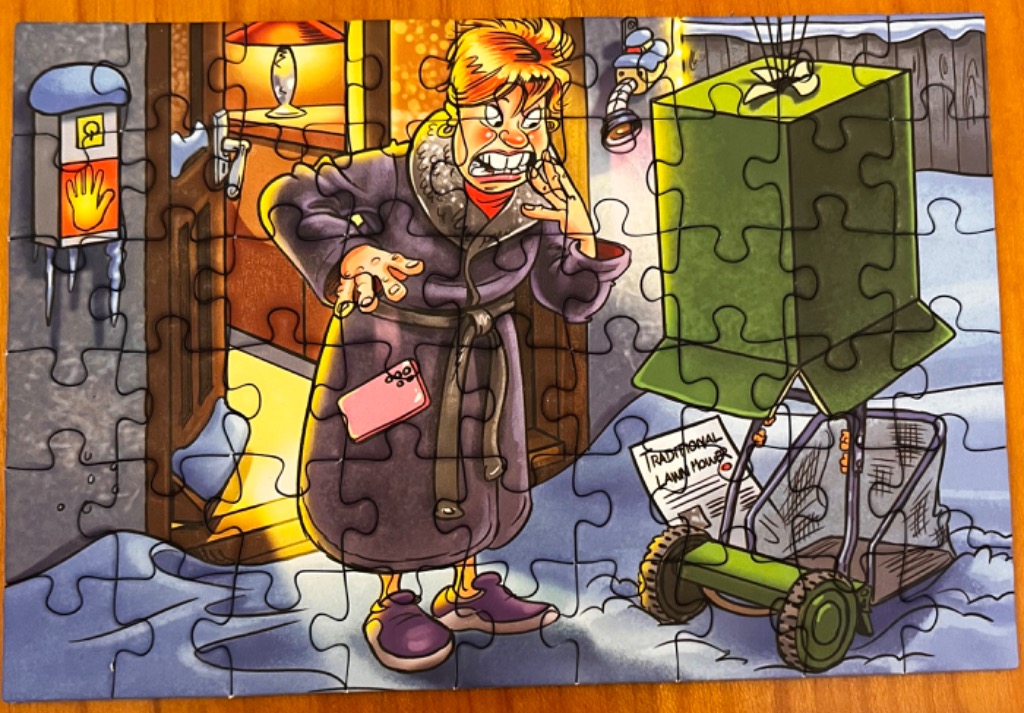 Cartoon of shocked person in purple robe near green, covered lawnmower with instruction paper in snowy scene.