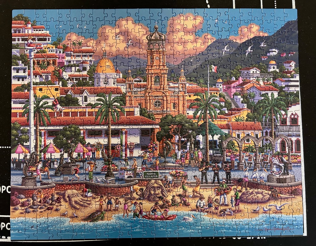 A colourful illustration of a busy beach scene in Puerto Vallarta with the church and hills in the background.