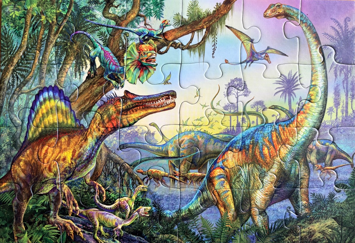 A vibrant prehistoric scene featuring various dinosaurs in a lush, colourful jungle landscape.