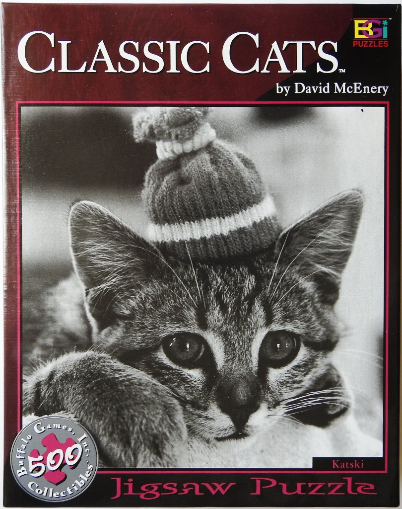 A close-up black and white photograph of a tabby kitten wearing a small knitted pom-pom hat.