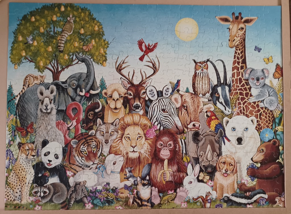 A whimsical illustration of a dense, crowded menagerie of wild and domestic animals gathered together.