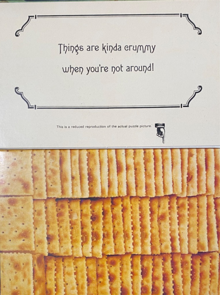 Close-up, top-down view of stacked saltine crackers with a text overlay saying 