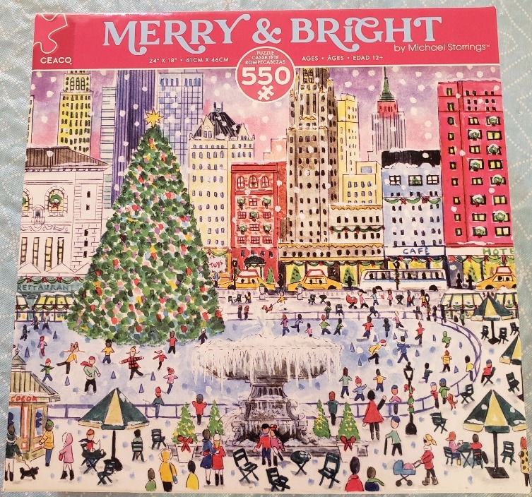 An illustration of a snowy city square in winter with a large Christmas tree and an ice skating rink.