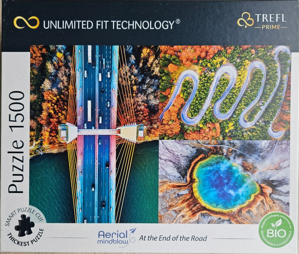 A collage of three aerial landscape photographs featuring a suspension bridge, a winding road, and a geothermal pool.