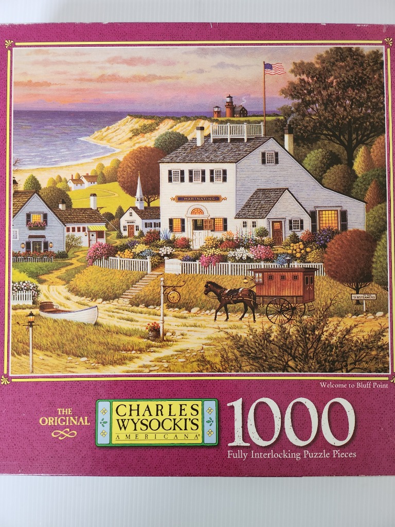 A charming Americana-style illustration of a white coastal house, a horse-drawn carriage, and a distant lighthouse.