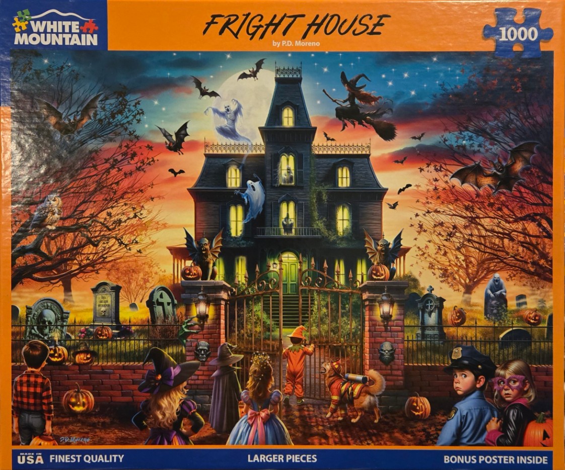 Illustration of children in costumes approaching a haunted mansion at sunset.