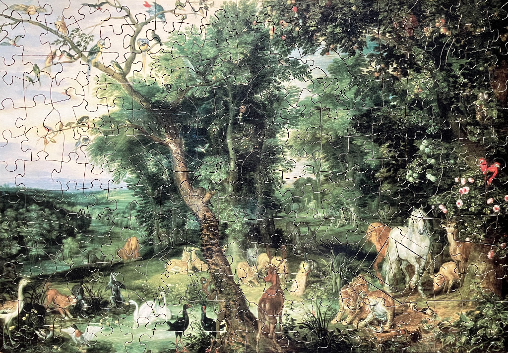 A lush 17th-century style oil painting of the Garden of Eden featuring a white horse, exotic animals, and dense foliage.