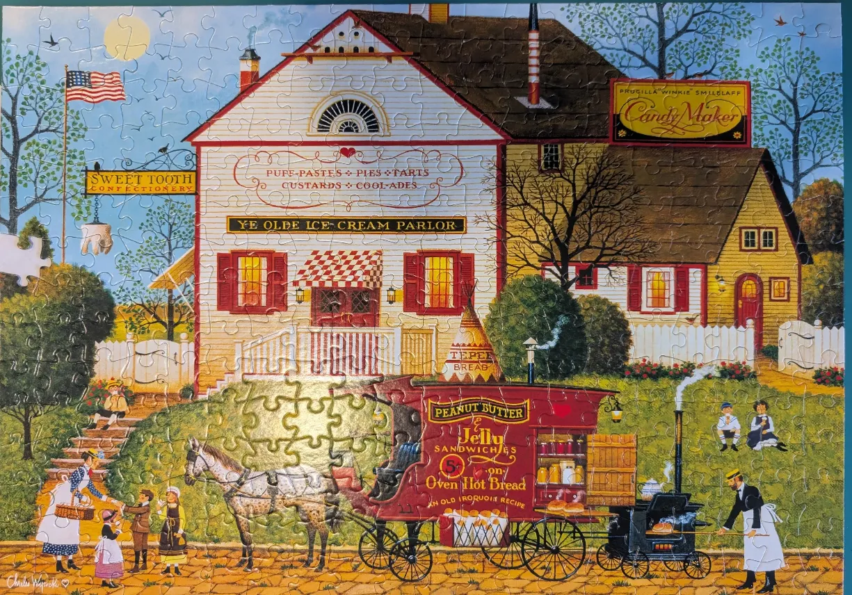 Folk art illustration of a colonial-style sweet shop and an outdoor food vendor cart.