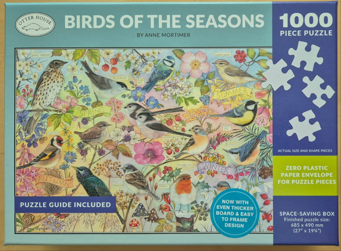A watercolour illustration of various British birds perched amongst seasonal flowers, berries, and foliage.