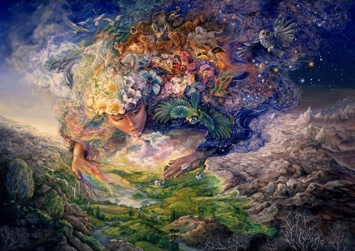 A goddess figure emerges from the cosmos, breathing life into a landscape filled with animals and celestial details.