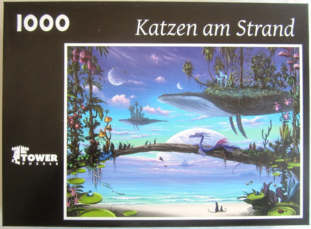 Surreal fantasy landscape featuring floating whales, a dragon, and cats on a tropical beach under two moons.