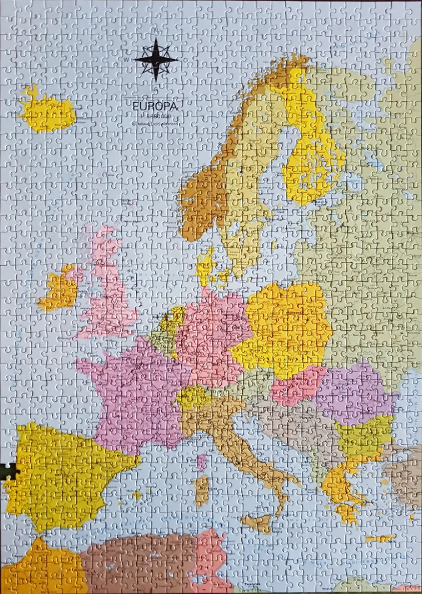 A political map of Europe with a pastel color palette featuring yellow, pink, and light brown regions.