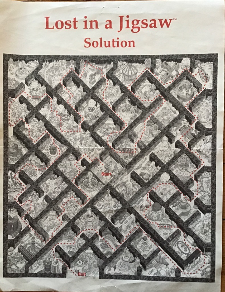 Intricate maze illustration with a dashed red line showing the solution path from start to exit.