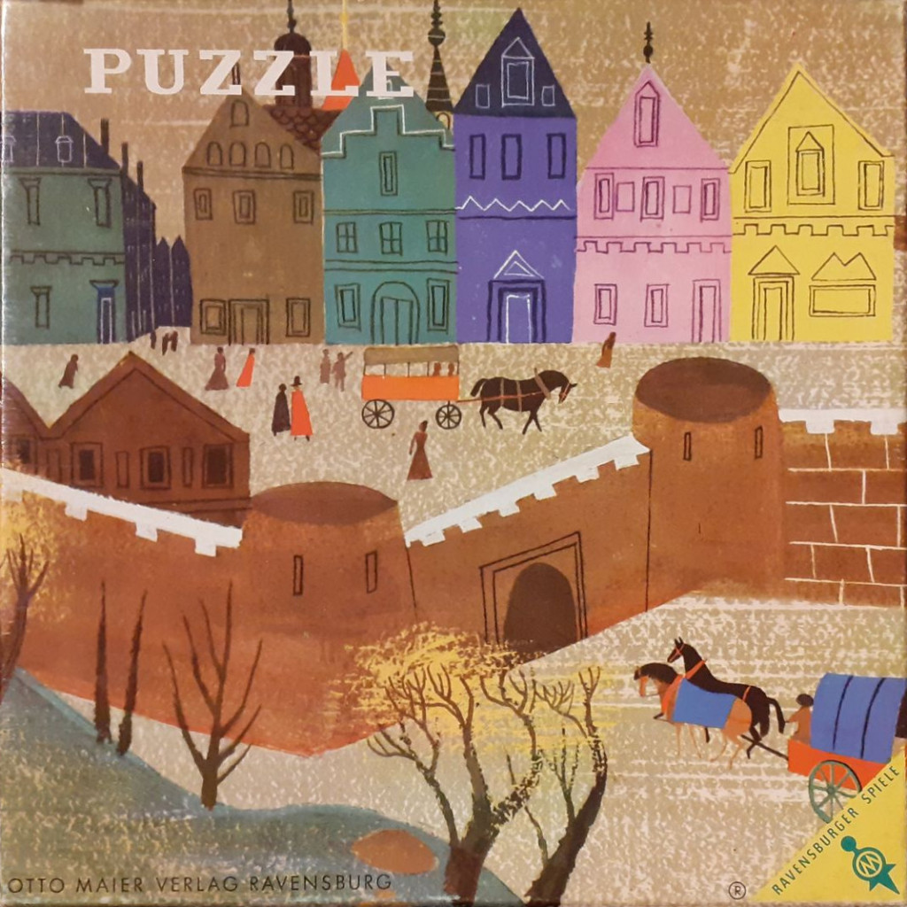 Stylized illustration of a European town square with colorful buildings, carriages, and stone fortifications.