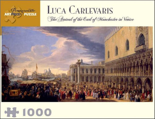 Oil painting titled The Arrival of the Earl of Manchester in Venice by Luca Carlevaris showing a busy Venetian plaza.