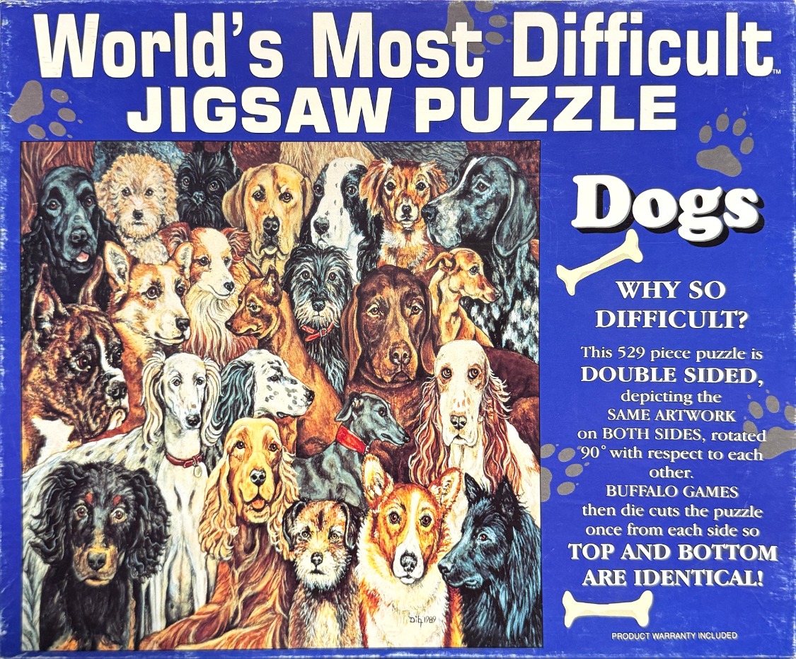A dense montage of many different dog breeds looking forward in a realistic, painterly style.