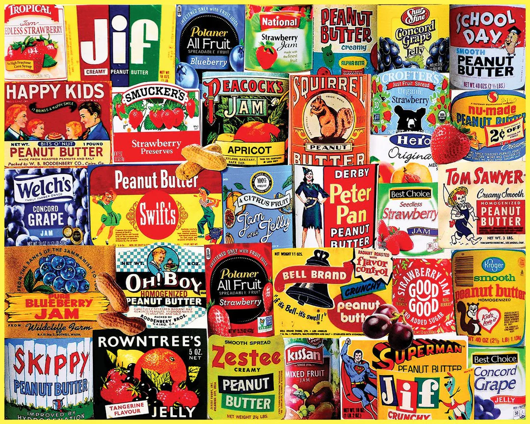 A dense collage of vintage peanut butter and fruit jam jar labels in various colors and styles.