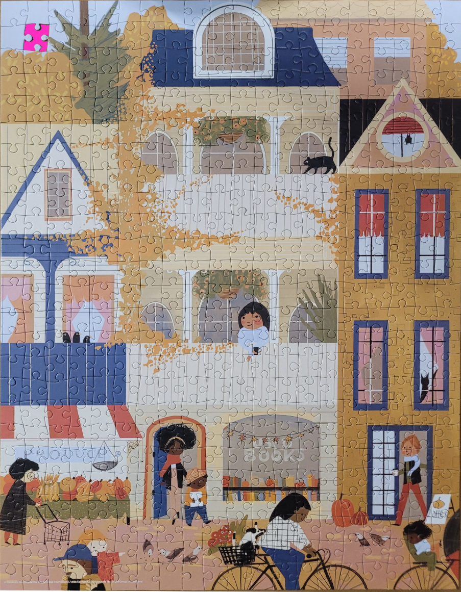 An illustration of a charming autumn street scene with shops, pedestrians, and people in windows.