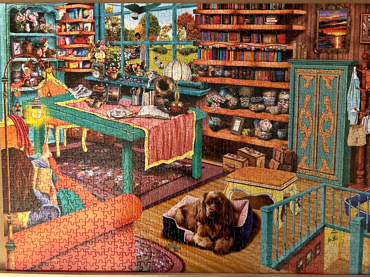 A cozy, vibrant art studio and library room with a spaniel resting in the foreground.