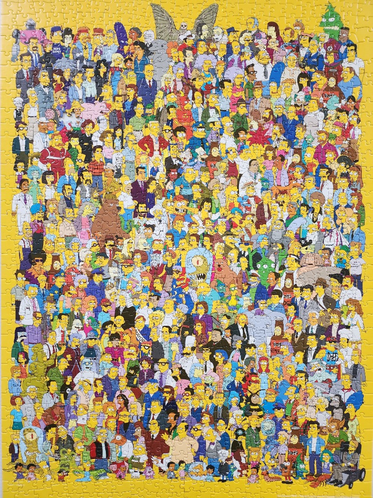 A dense illustration featuring hundreds of characters from The Simpsons set against a bright yellow background.