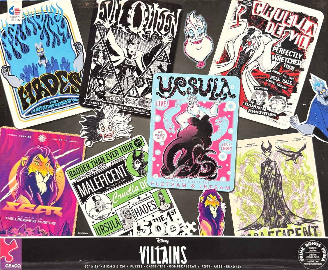 Collage of stylized posters and stickers featuring famous Disney villains on a dark background.