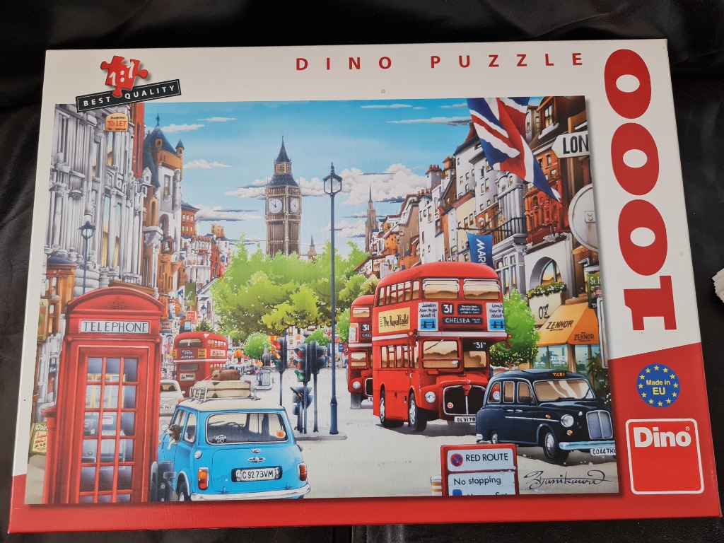 Illustration of a busy London street scene featuring a red double-decker bus, a telephone box, and Big Ben.