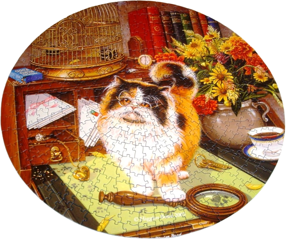 A fluffy calico cat wearing spectacles sits on a writing desk surrounded by vintage accessories and a floral bouquet.