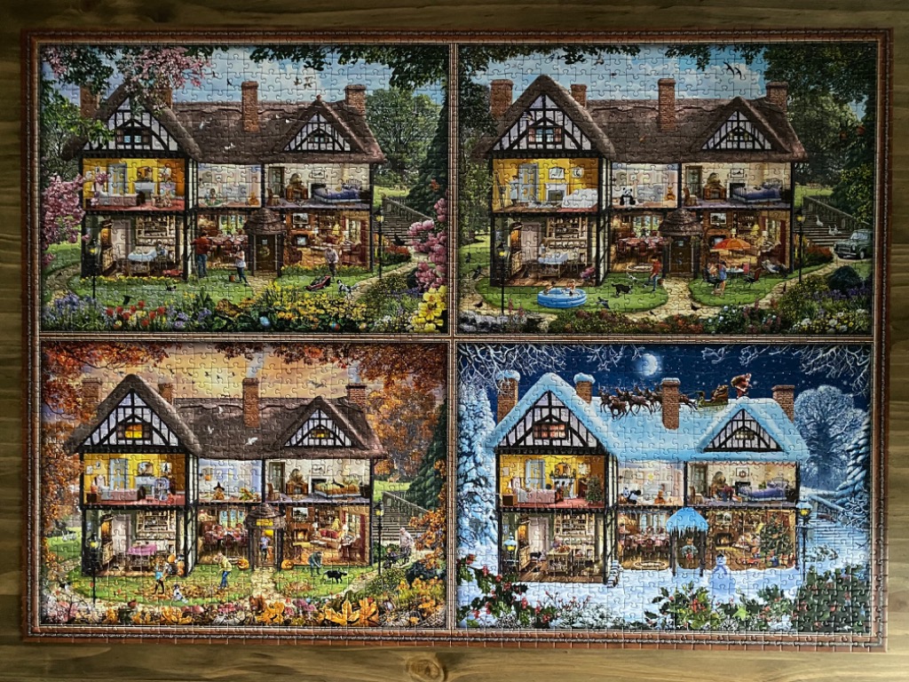 A collage of a Tudor-style cottage depicted across the four seasons of the year.