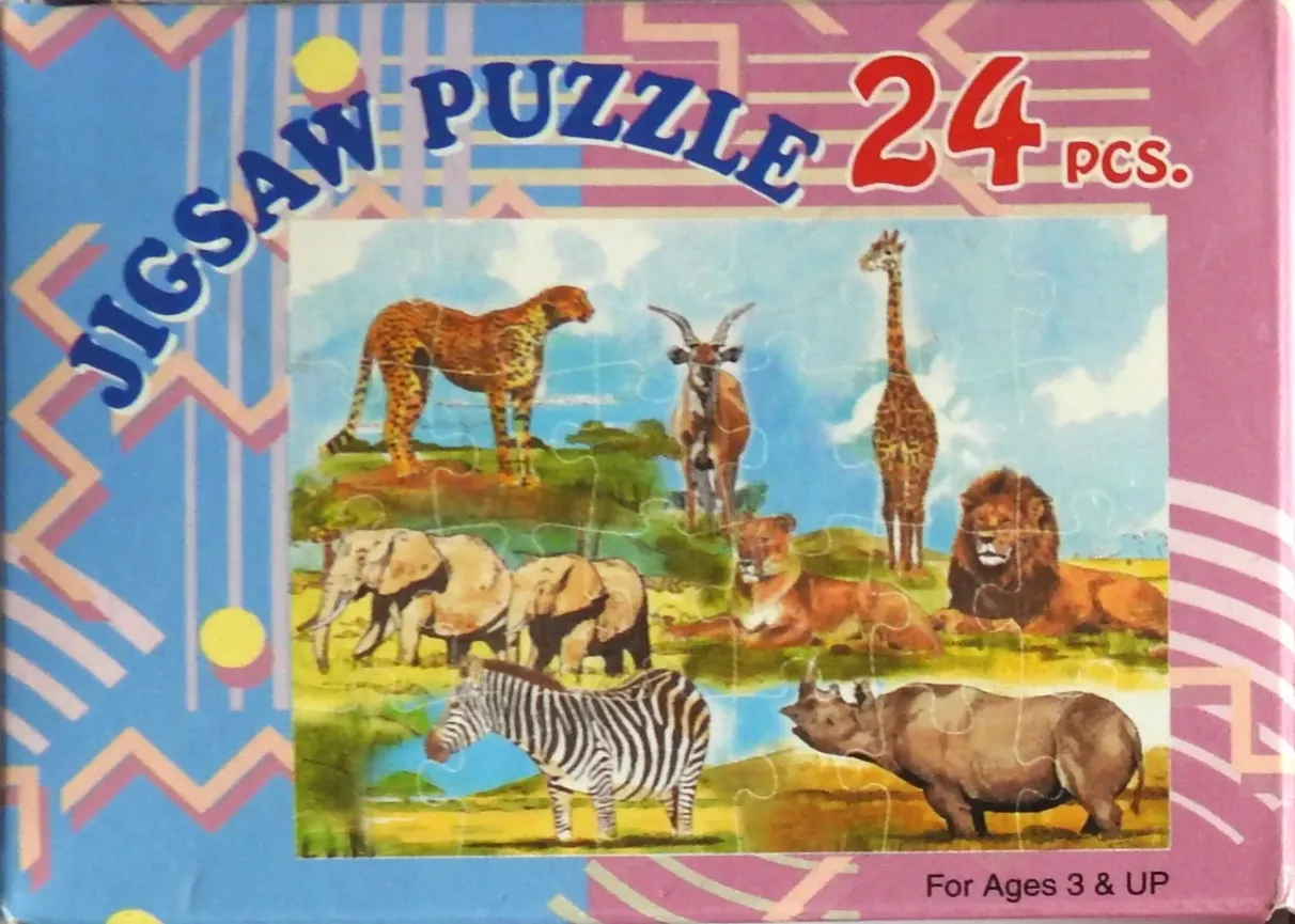 A collection of wild African animals illustrated in a savanna setting with a geometric background border.