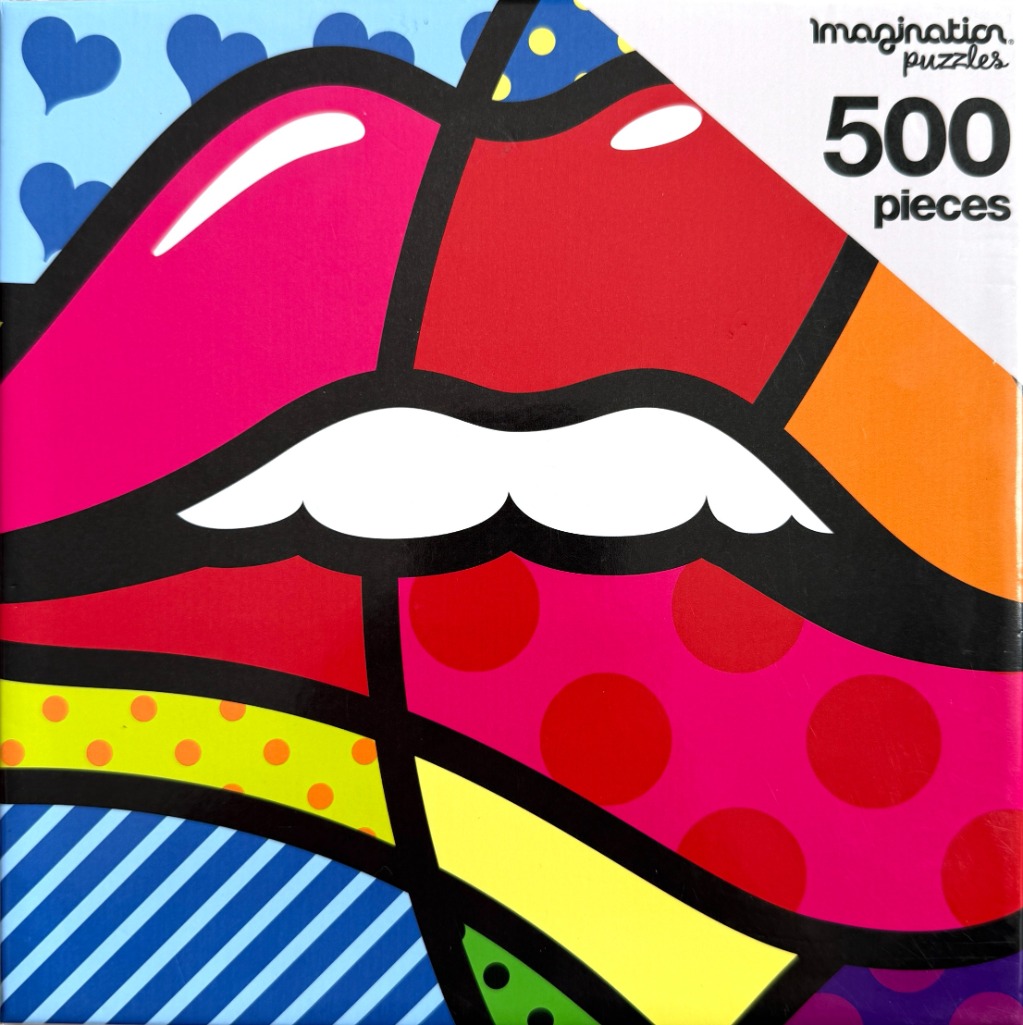 Pop art style illustration of stylized lips in bright, contrasting colors and patterns