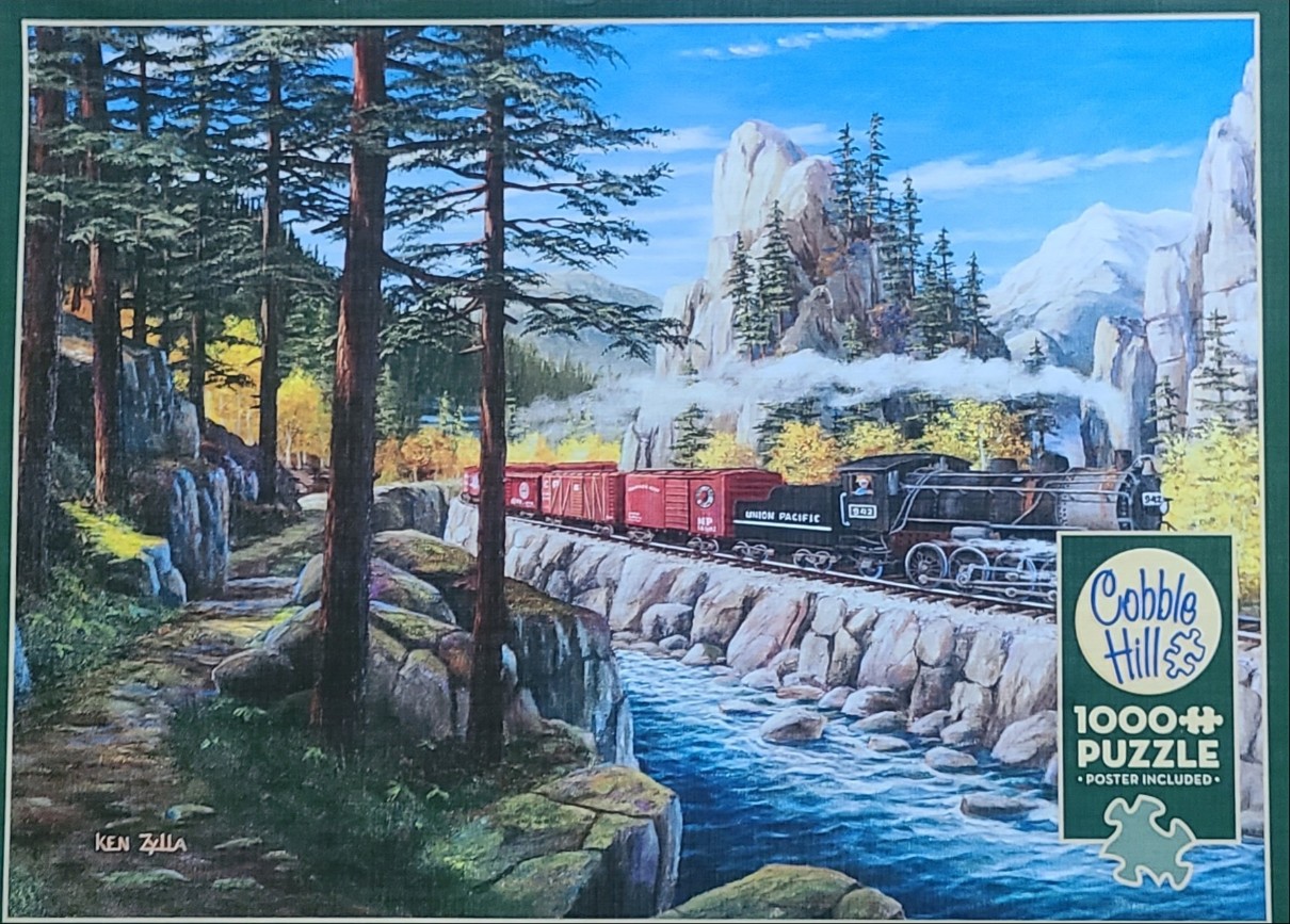 A steam train traveling along a river through a mountain forest, painted in a realistic style.