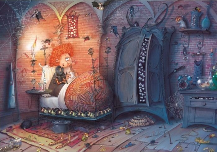 A cartoon illustration of a wide-eyed, ginger-haired character sitting in bed in a cluttered, spooky, dimly lit bedroom.
