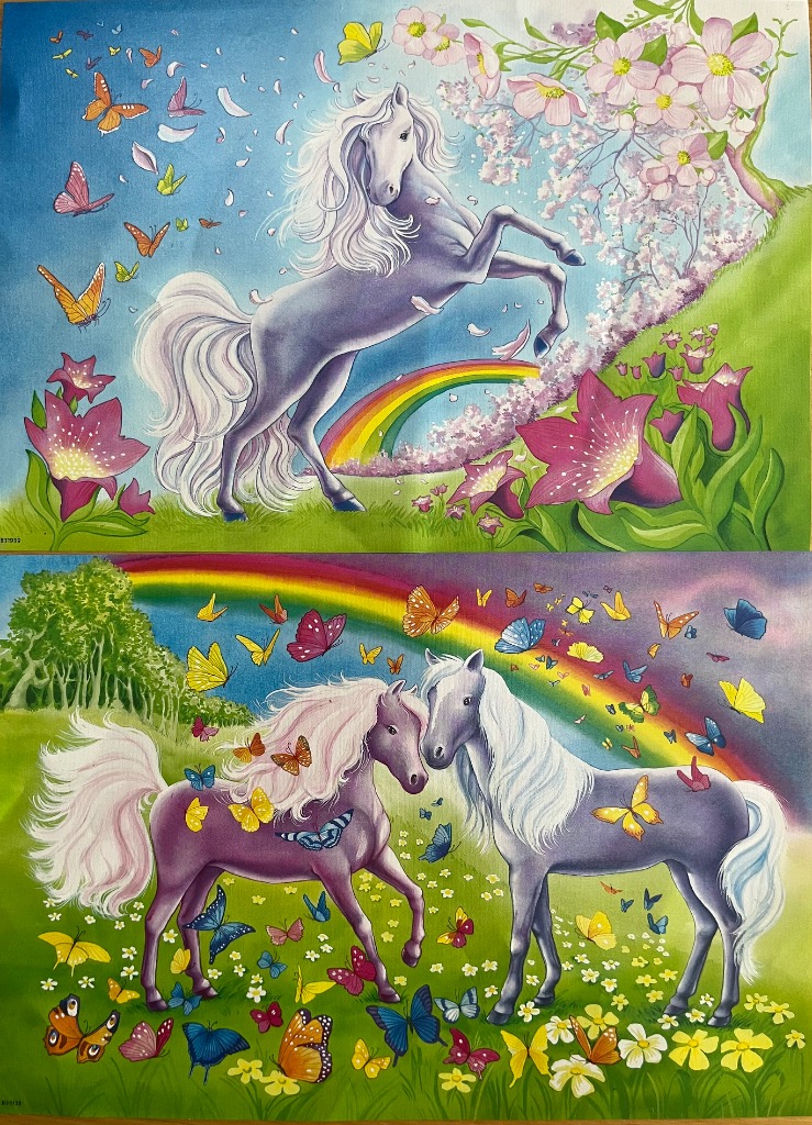 Two fantasy scenes featuring horses, vibrant flowers, and swarms of colorful butterflies under rainbows.