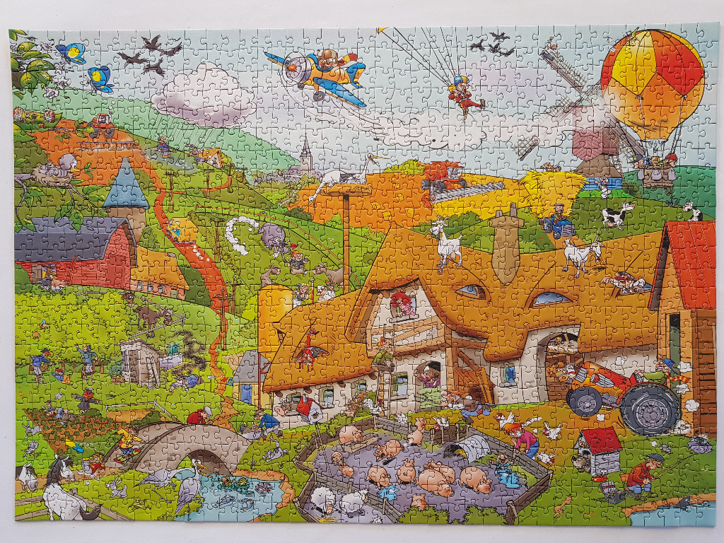 A busy cartoon illustration of a lively farm scene filled with animals, buildings, vehicles, and humorous characters.