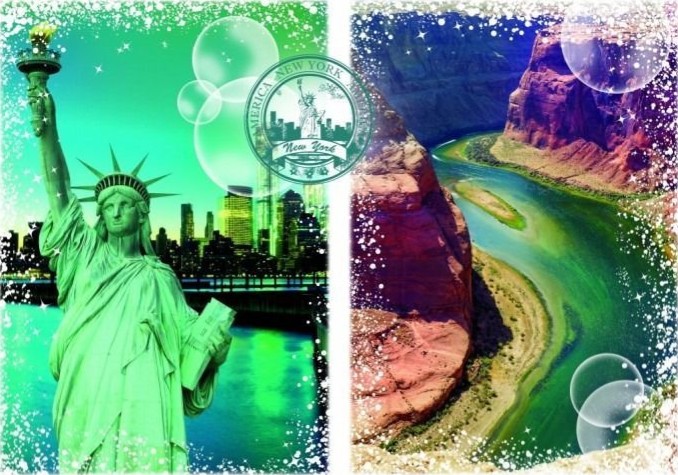 A split-screen composition featuring the Statue of Liberty on the left and Horseshoe Bend on the right.
