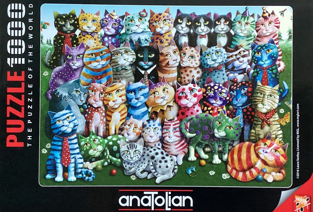 A whimsical illustration of dozens of colorful, stylized cats sitting together in a field.