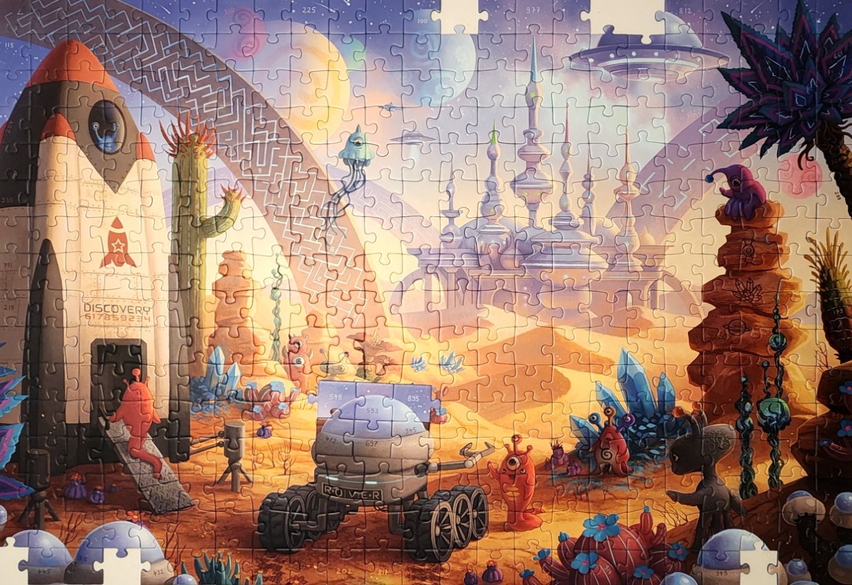 Whimsical science fiction landscape with a rocket, alien creatures, and a futuristic city.