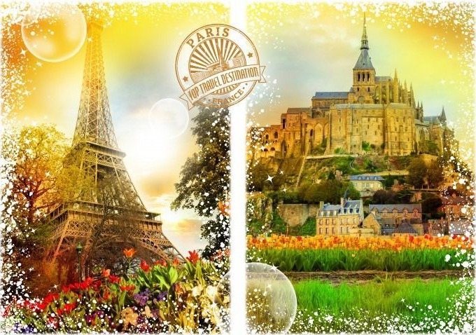 A split composition featuring the Eiffel Tower on the left and Mont Saint-Michel on the right with a sunset aesthetic.