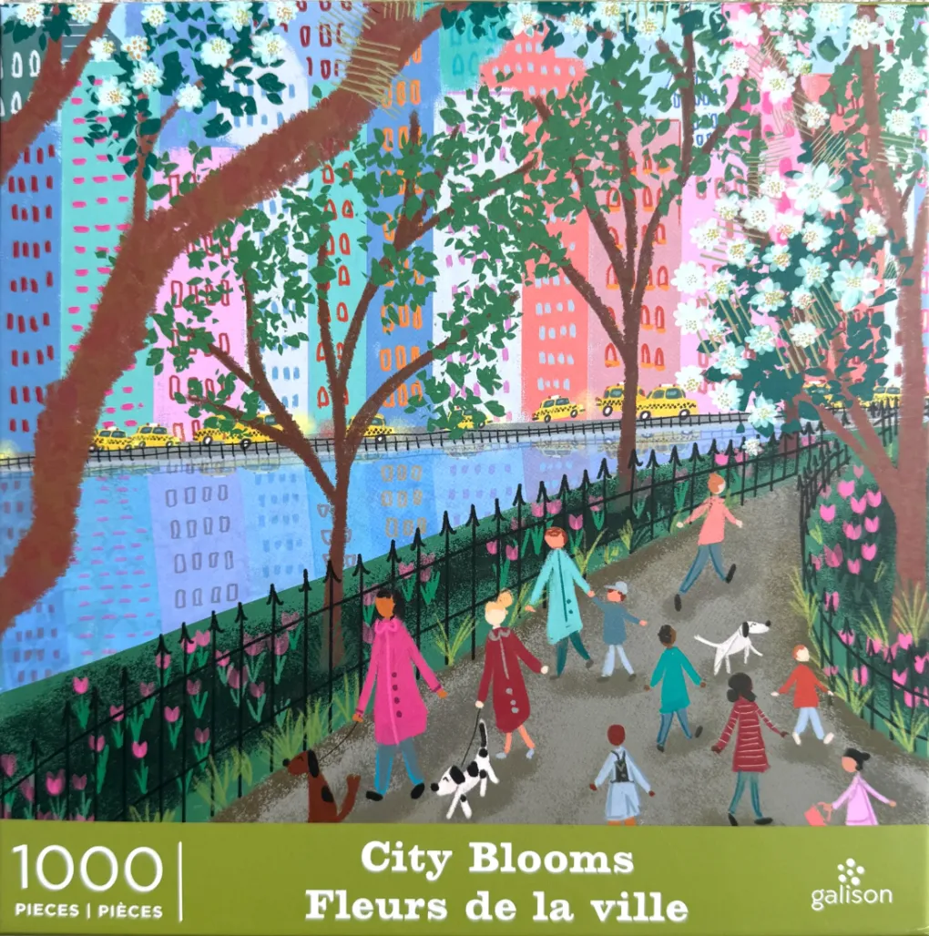 Stylized illustration of people and dogs walking on a path in a park with cherry blossoms and a city skyline background.