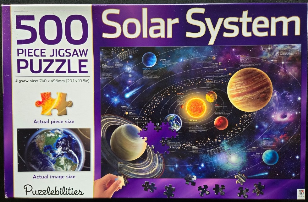 An illustrated map of the solar system showing the sun, planets, and orbits against a deep space background.