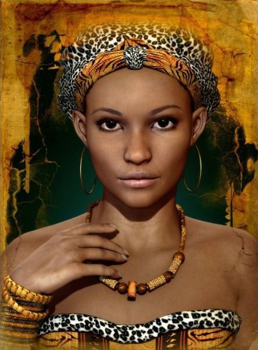 Portrait of a woman wearing leopard print and tribal jewelry against a textured, distressed background.