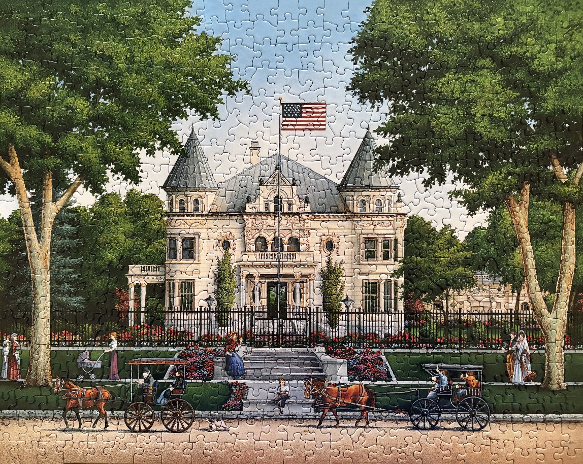 Illustration of an ornate mansion with horse-drawn carriages in front of it