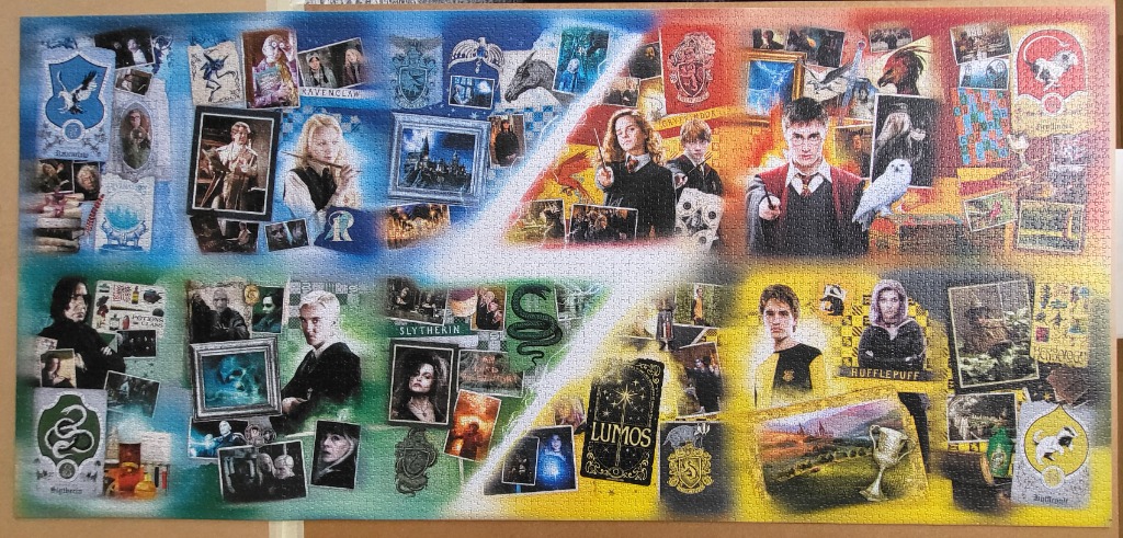 Collage of Harry Potter characters and symbols arranged in four quadrants of blue, red, green, and yellow.