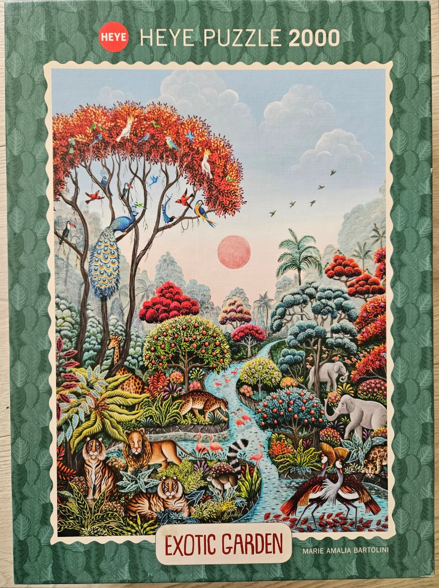 An illustration of an exotic garden filled with diverse wildlife, including tigers, elephants, and colorful birds.