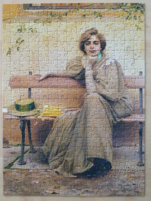 A Victorian-era woman in a tan dress sitting on a wooden park bench, painted in a realist style.