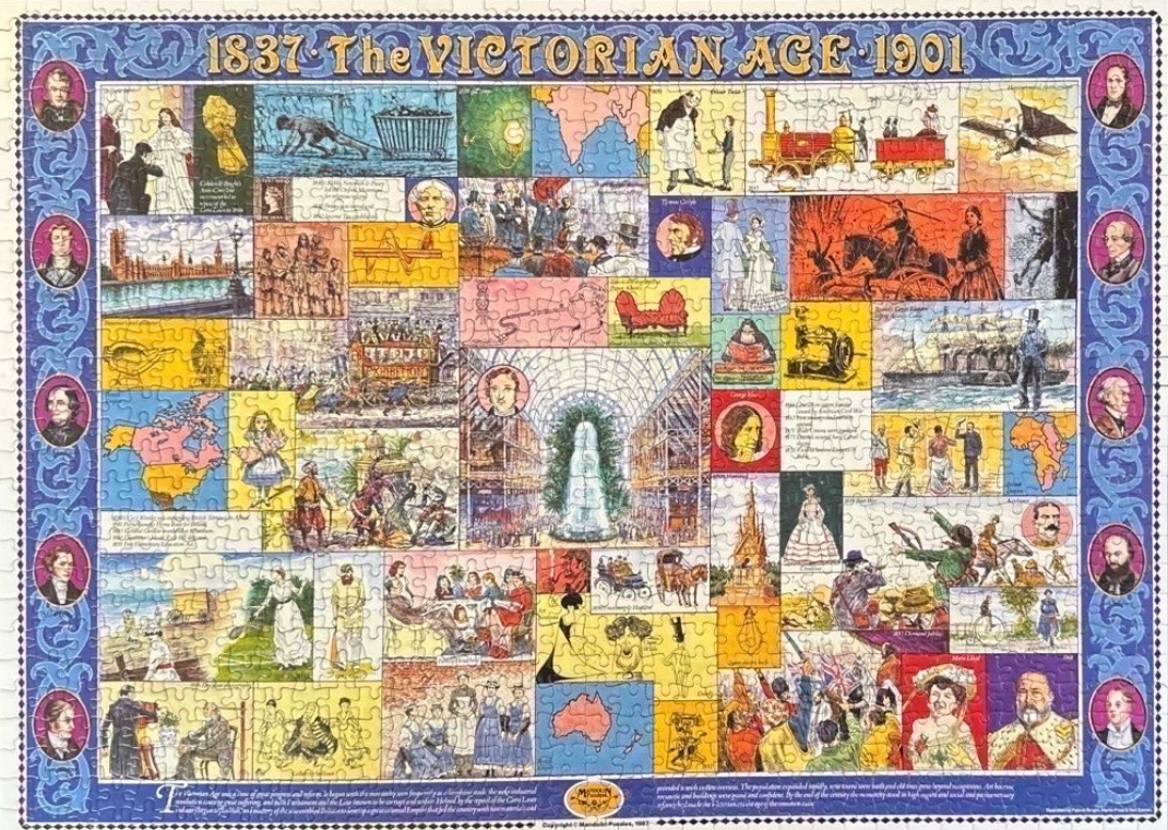 A collage illustration celebrating the Victorian Age with various scenes and portraits framed by an ornate blue border.