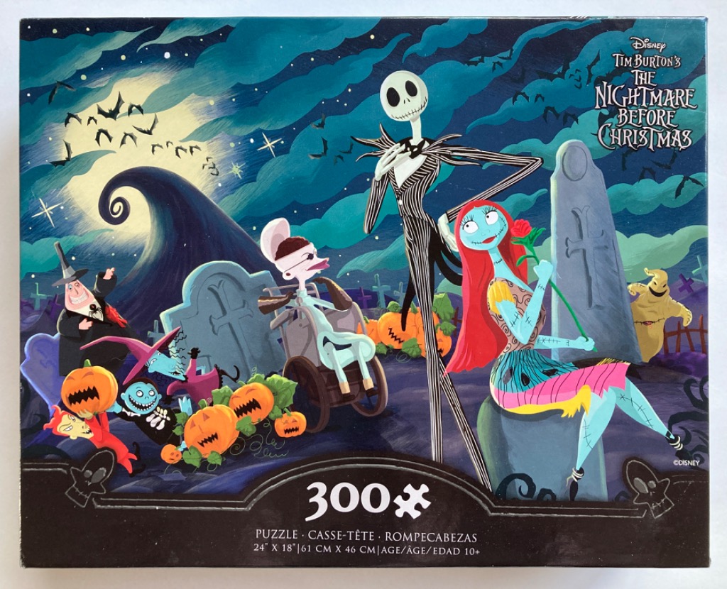 Characters from The Nightmare Before Christmas in a graveyard under a full moon.