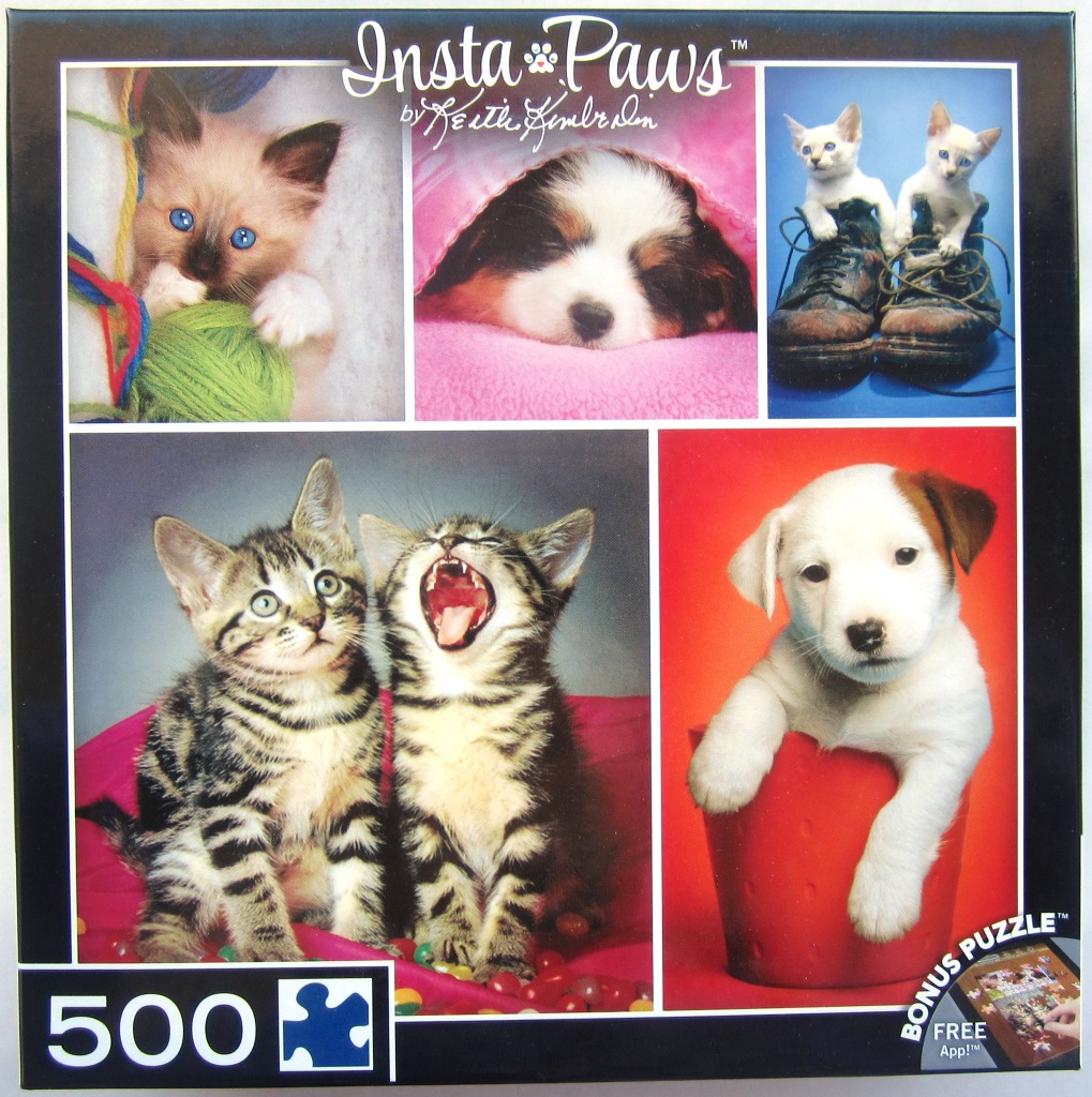 A collage of five cute kittens and puppies including a Siamese kitten, a sleeping puppy, and kittens in boots.