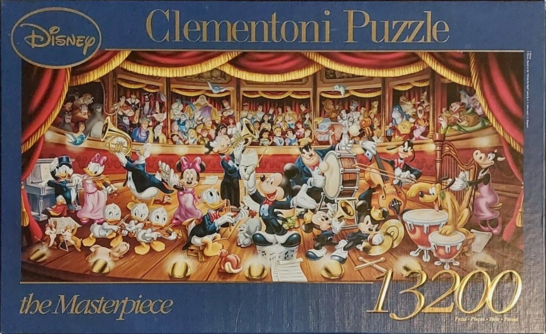 Mickey Mouse and friends performing as an orchestra on a theater stage with a large audience of Disney characters.