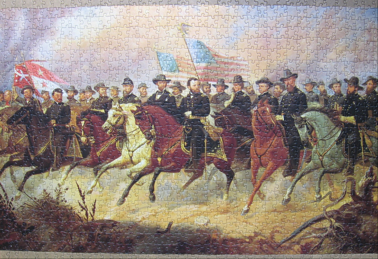 A painting of Union officers on horseback during the American Civil War, holding flags under a cloudy sky.